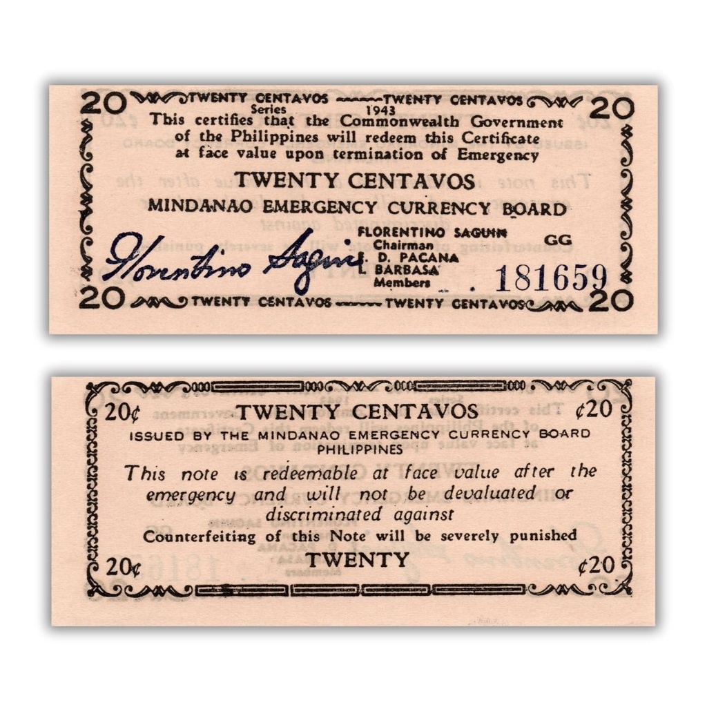 Philippines 1943 20C Mindanao  Emergency Currency board S503