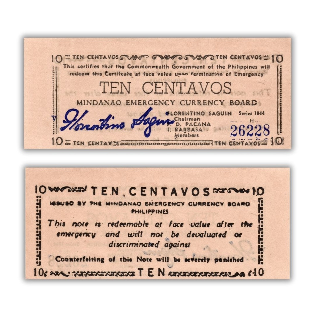 Philippines 1944 10C Mindanao Emergency Currency  board Pick S512