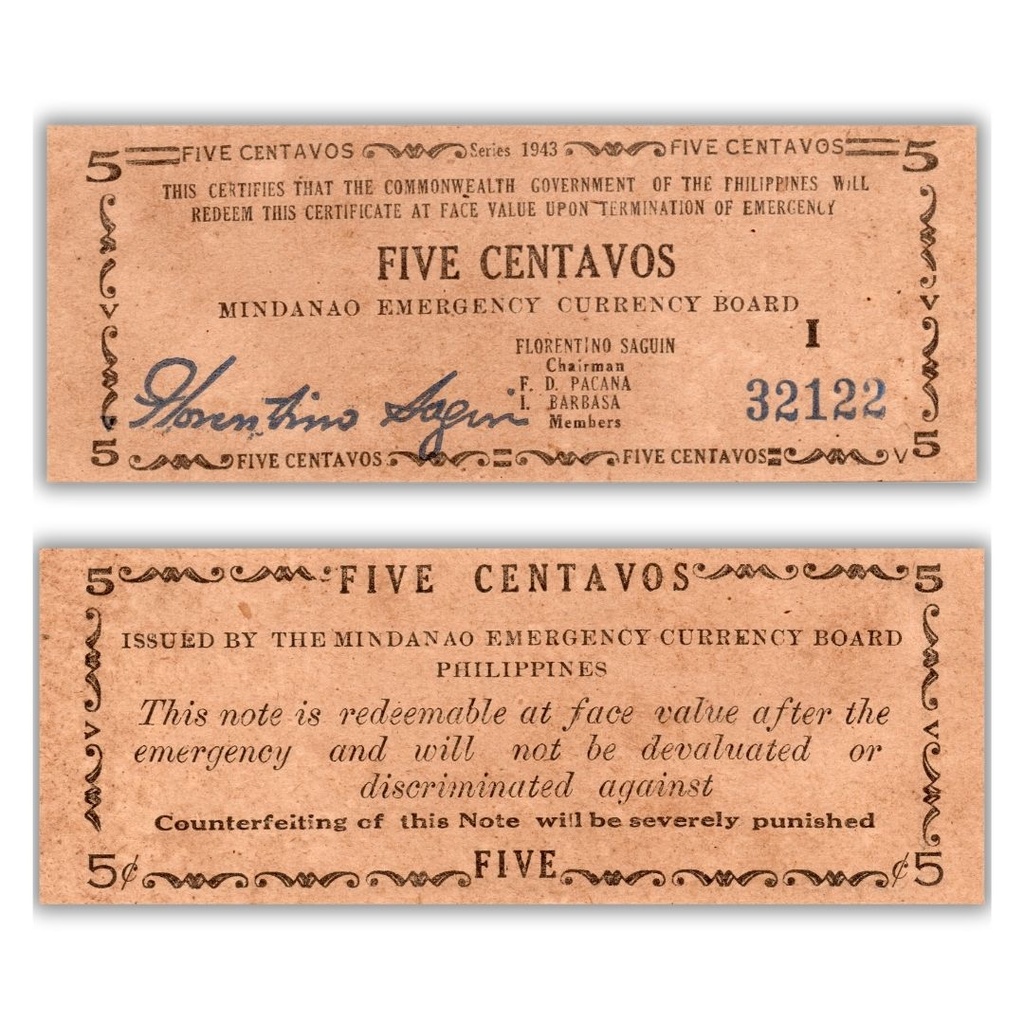Philippines 1943 5C Mindanao Emergency Currency board Pick S481b
