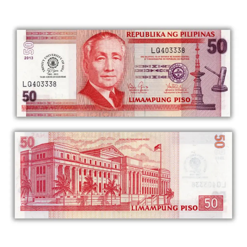 Philippines 2013 50P 50 years Trinity University of Asia  1963-2013 commemorative overprint Pick 216