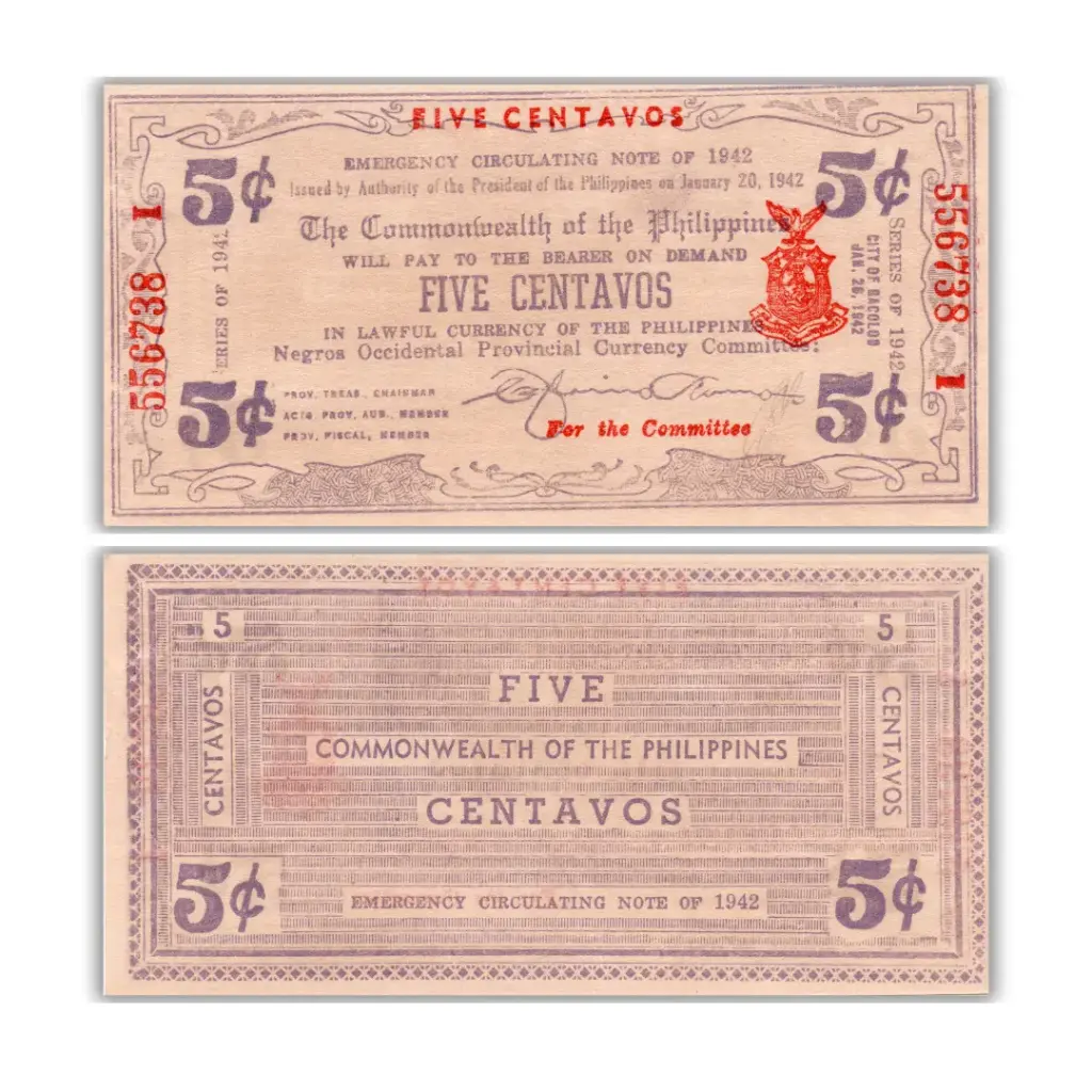 Philippines 1942 5C Negros Occidental Provincial Currency Pick S641