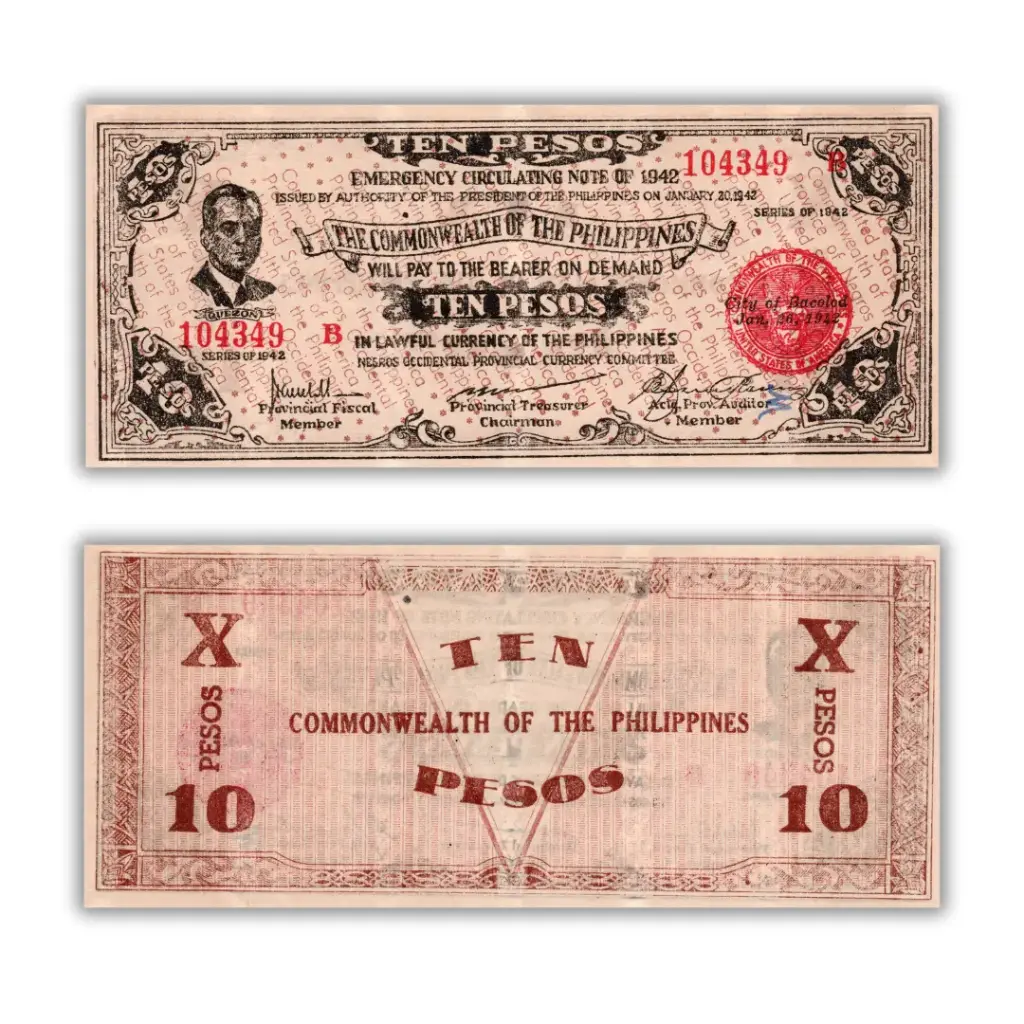 Philippines 1942 10P Negros Occidental Provincial Currency Pick S649c
