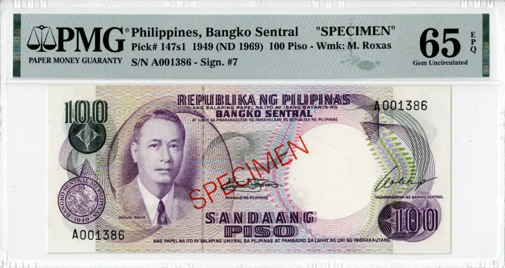 Philippines Specimen 1949 ND 1969 100 Piso Pick 147s1 PMG Gem UNC 65 EPQ