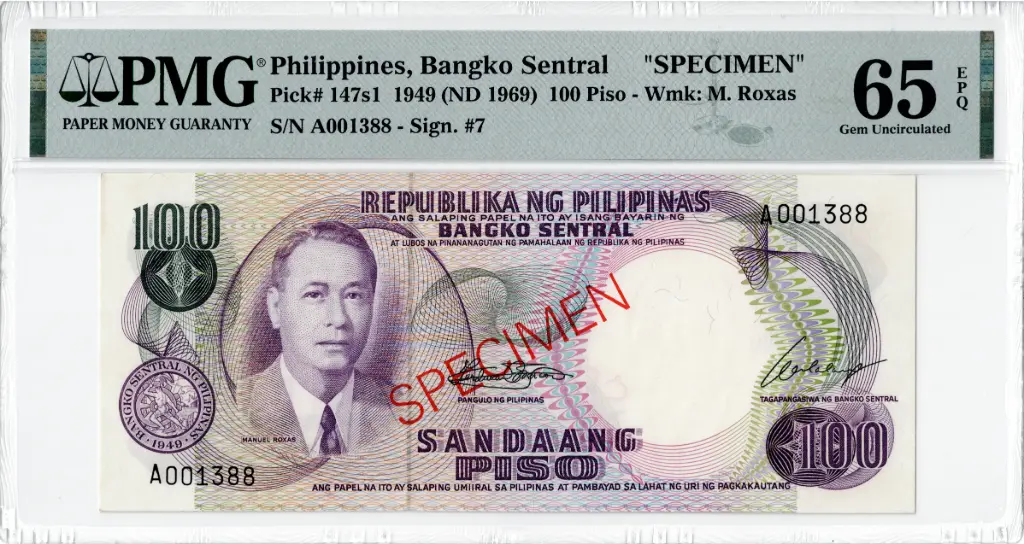 Philippines Specimen 1949 ND 1969 100 Piso Pick 147s1 PMG Gem UNC 65 EPQ