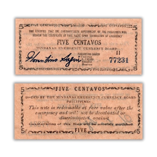 Philippines 1943 5C 	 Mindanao Emergency Currency Board Pick S491