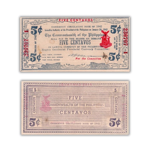 Philippines 1942 5C Negros Occidental Provincial Currency Committee Pick S640b