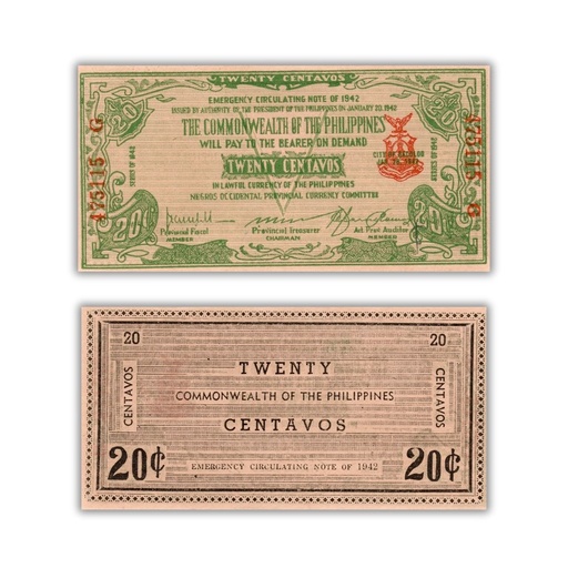 Philippines 1942 20C Negros Occidental Provincial Currency Committee Pick S644