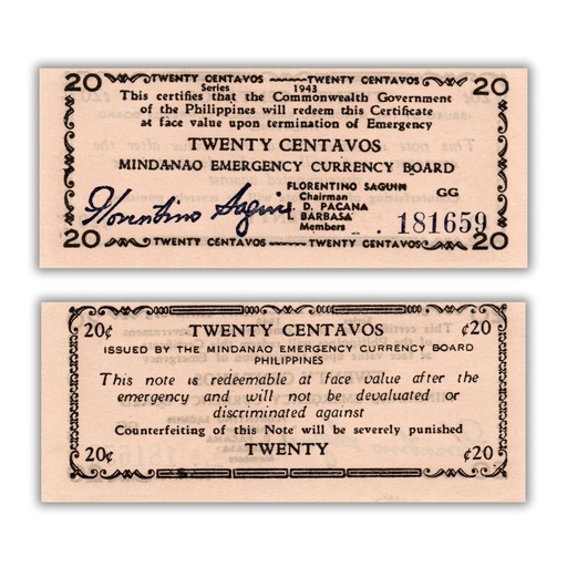 Philippines 1943 20C Mindanao  Emergency Currency board S503