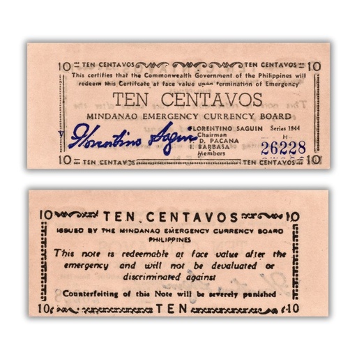 Philippines 1944 10C Mindanao Emergency Currency  board Pick S512