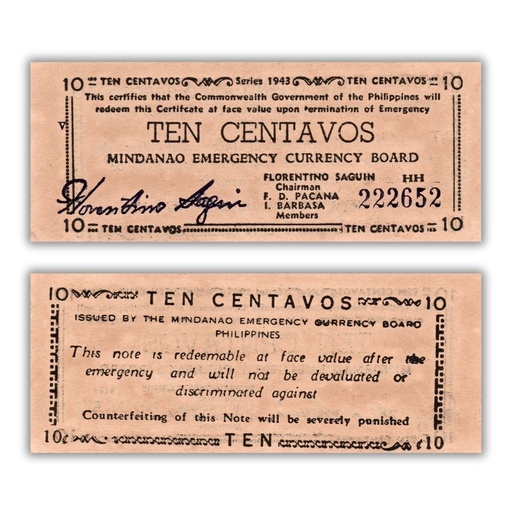 Philippines 1943 10C Mindanao Emergency Currency board Pick S502