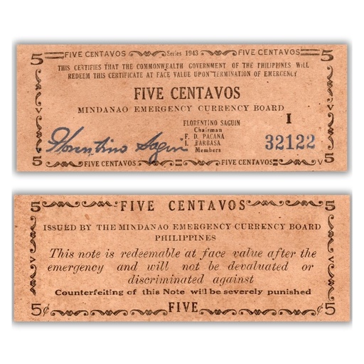 Philippines 1943 5C Mindanao Emergency Currency board Pick S481b