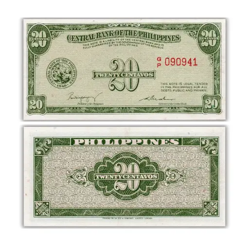 Philippines 20C Magsaysay-Cuaderno ND (1949) Pick 130a