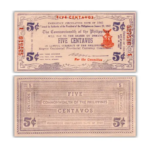 Philippines 1942 5C Negros Occidental Provincial Currency Pick S640a
