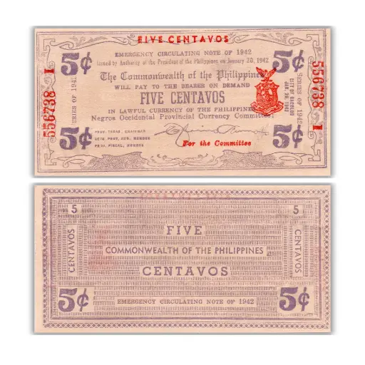 Philippines 1942 5C Negros Occidental Provincial Currency Pick S641