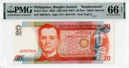Philippines Replacement 1993 ND 1997 20 Piso RI35 Pick 182a* PMG Gem UNC 66 Top Pop
