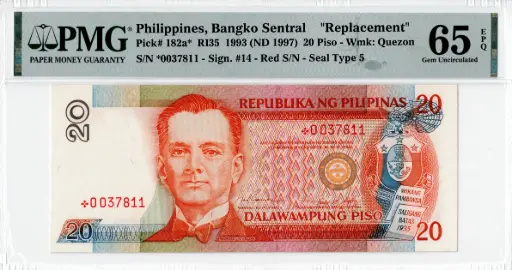 Philippines Replacement 1993 ND 1997 20 Piso RI35 Pick 182a* PMG Choice UNC 65